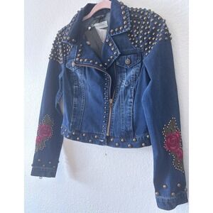 Blue Revival Embroidered NWT Studded Denim Jacket with Asymmetrical Zipper SZ SM